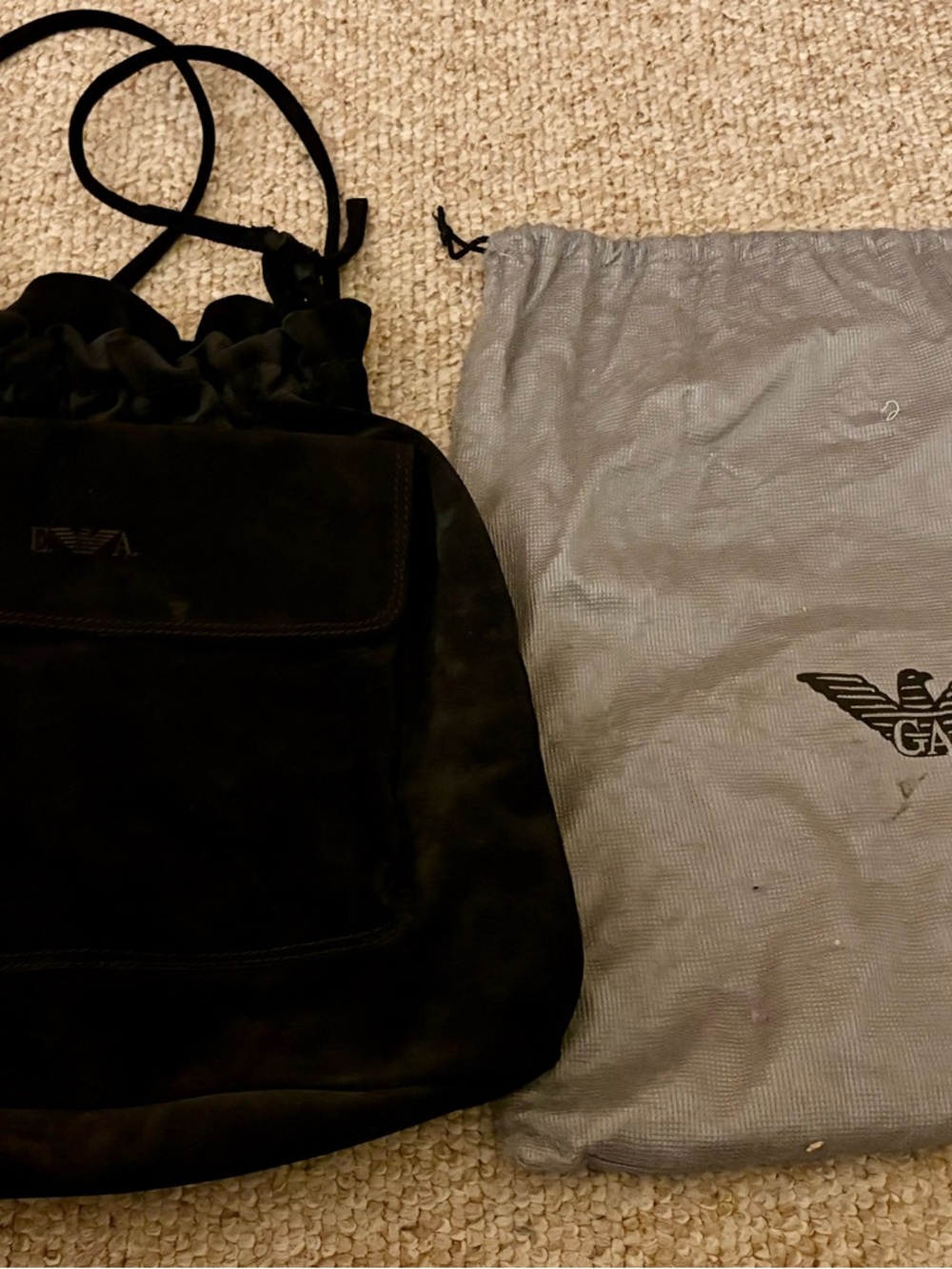Emporio Armani Black Suede Drawstring Backpack
